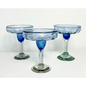 Set of 3 Hand Blown Swirl Art Margarita Cocktail Glasses in Blue / Clear